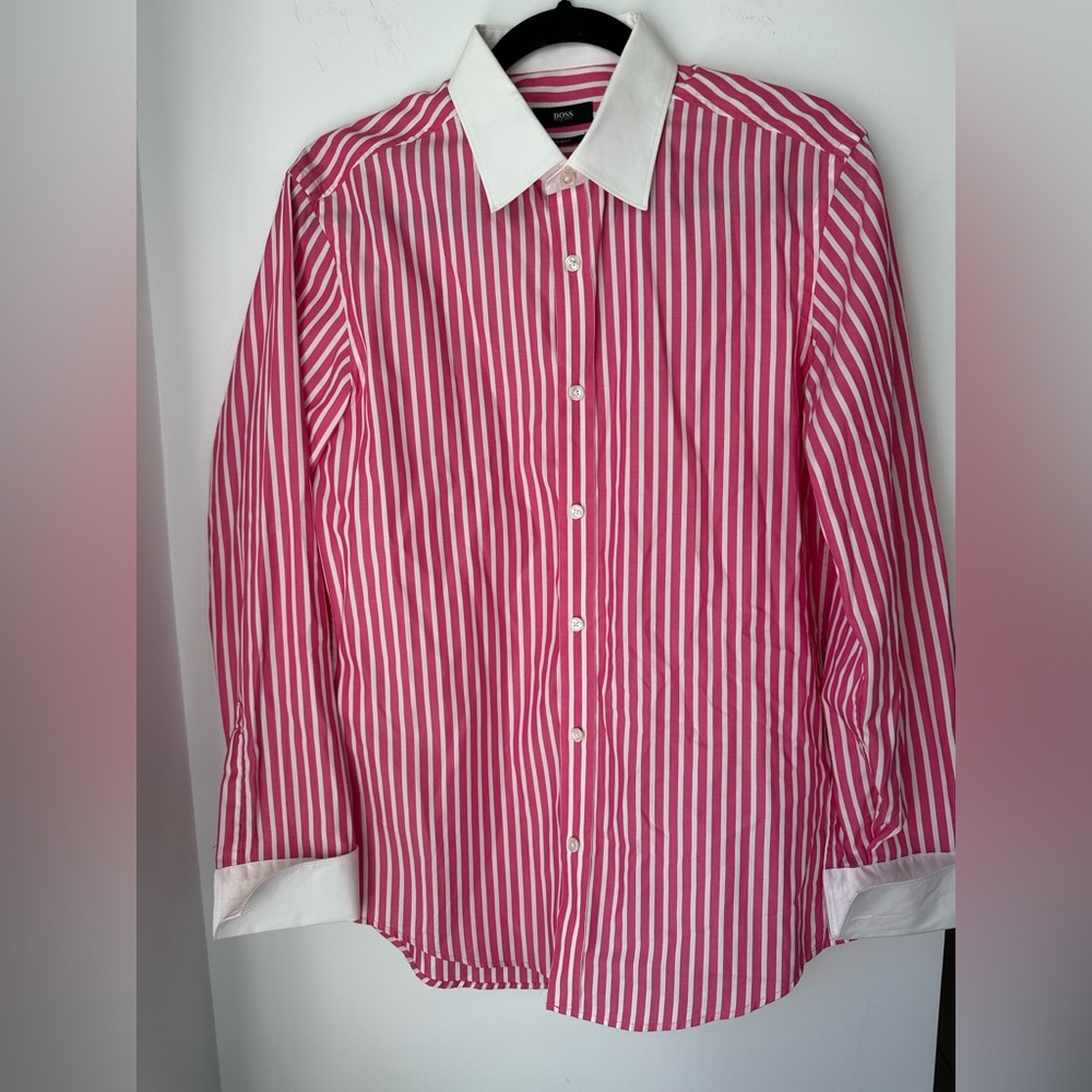 Hugo Boss Men’s Pink and White Striped Shirt